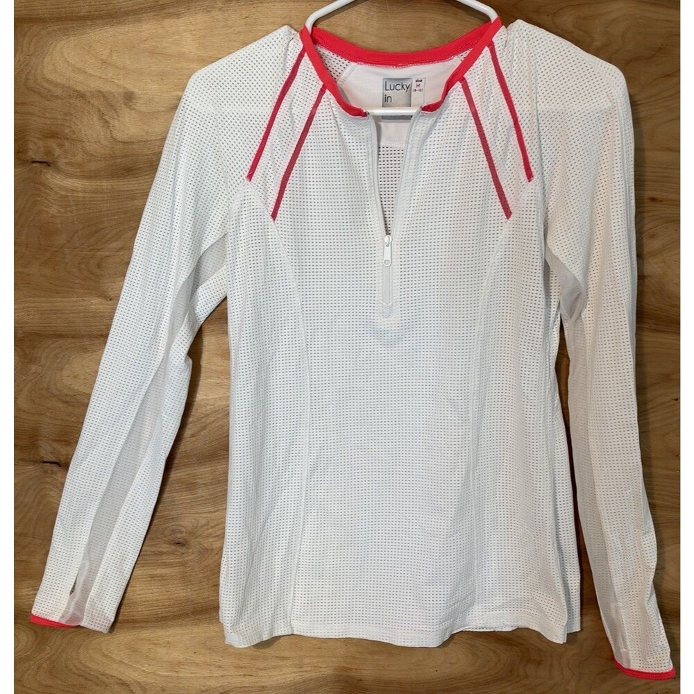 Lucky in Love Woman Lg 1/4 Zip Shirt White Mesh Long Sleeve Raglan Light Weight